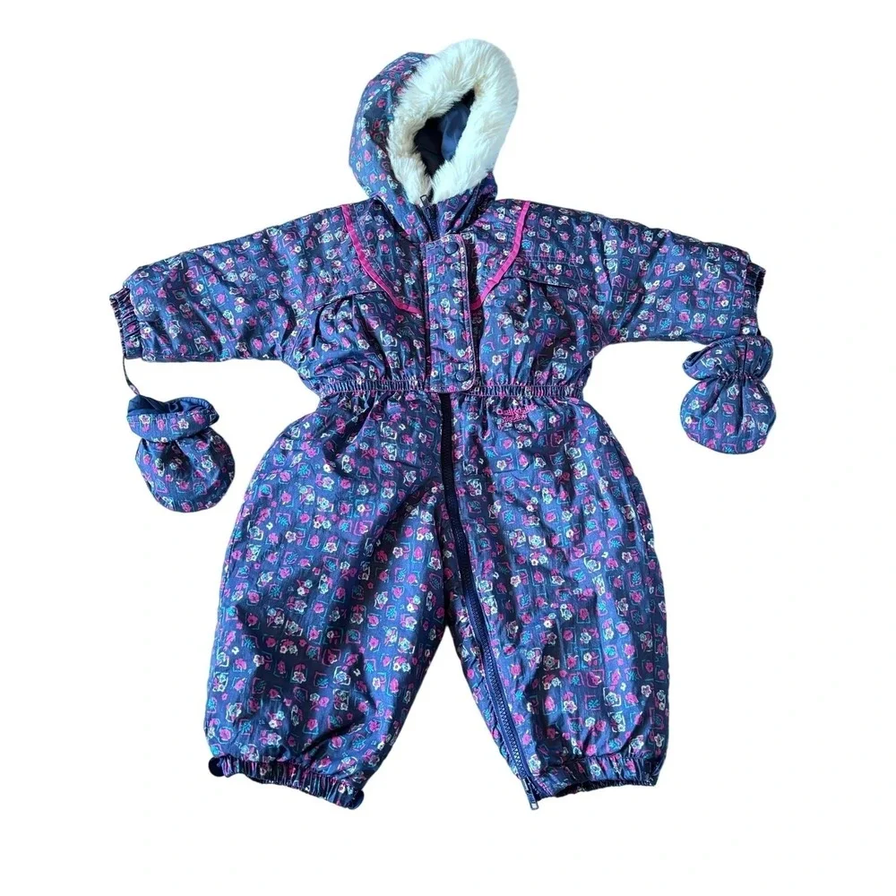 Vintage 90s Oshkosh B'gosh Girls 18 Month Snowsuit Blue Pink Floral‎ Hooded